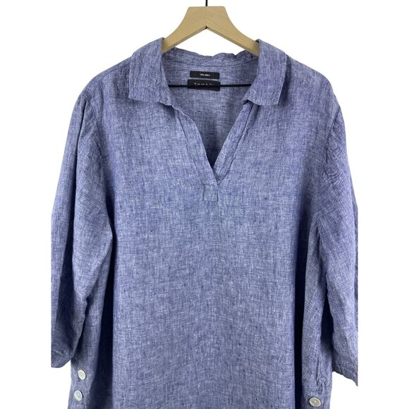 Tahari Women's 2X Plus Size 100% linen Button Detail V-Neck Lagenlook Tunic BLue - Picture 3 of 9